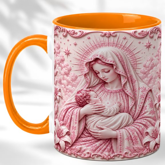 Pink Virgin Mary with Child Coffee Mug, Catholic Art Mug, Ceramic 11 oz
