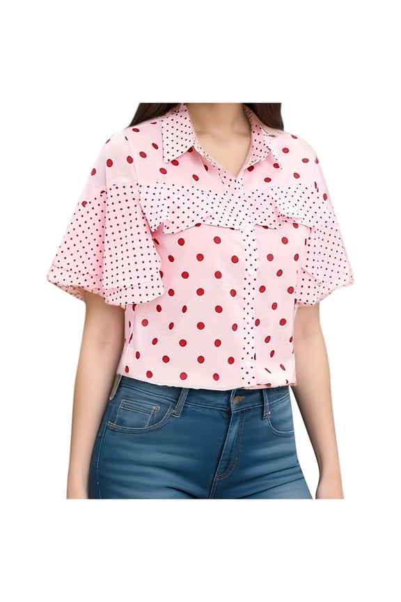 Pink Vneck Chiffon Shirts for Women Summer Fall 3/4 Length Sleeve Brunch Peplum Polka Dot Top T Shirt Blouse Women 2026 Clothes Fashion Country Concert Y2K XXL