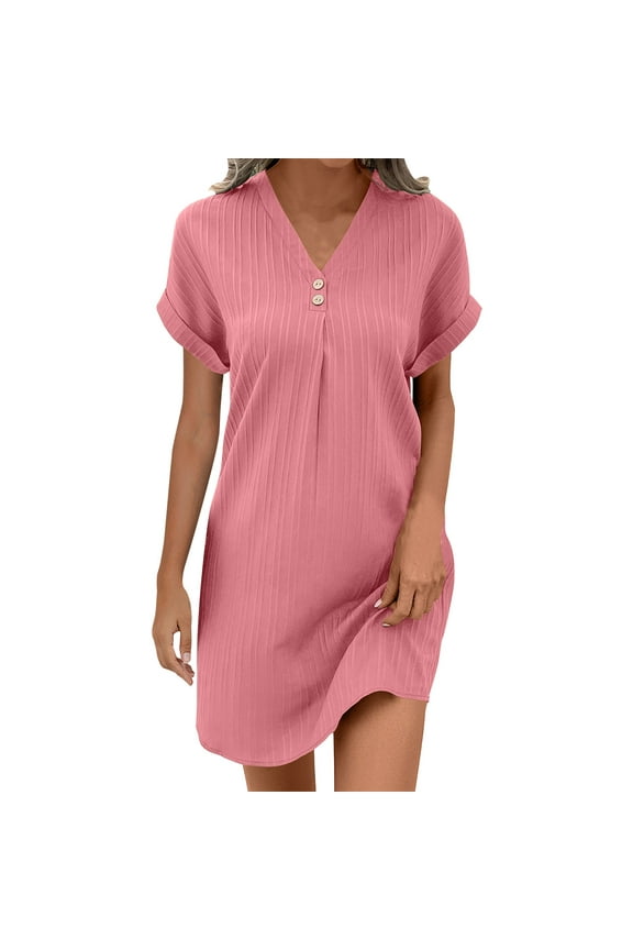 Pink Vneck Spandex for Women Summer Fall Slip Short Sleeve Midi Knee High Casual Slit Basic Dress Women Button 2025 Clothes Country Concert Y2K M