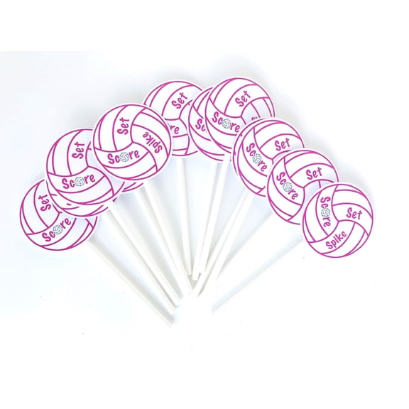 Pink Volleyball Cupcake Toppers 12 Pcs - Spike Cake Picks, Baby Shower, Birthday Party Decorations Supplies, Girl Team Themed