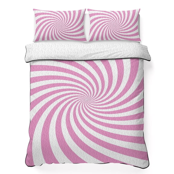 Pink Vortex 3 Piece Quilt Bedding Set with 2 Pillow Shams, Abstract Boho White Pink Vortex Spiral Wave Lightweight Bedspread Coverlet, Soft Breathable All Season Quilt, 68 x 86 Inch