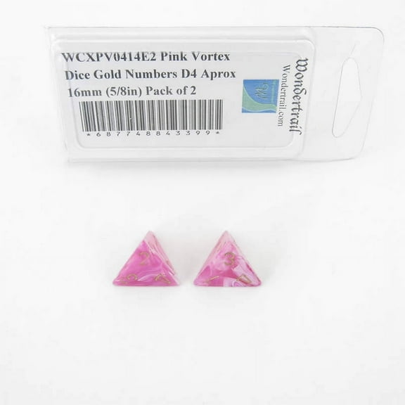 Pink Vortex Dice with Gold Numbers D4 Aprox 16mm (5/8in) Pack of 2 Wondertrail