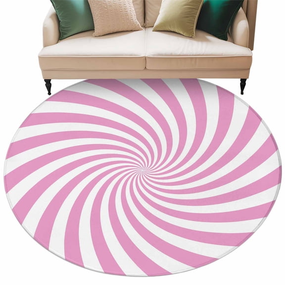 Pink Vortex Round Living Room Rugs 6 ft, Abstract Boho White Pink Vortex Spiral Wave Washable Area Rug with Non-Slip Sturdy Edge Binding Round Carpet for Kitchen Office Bedroom