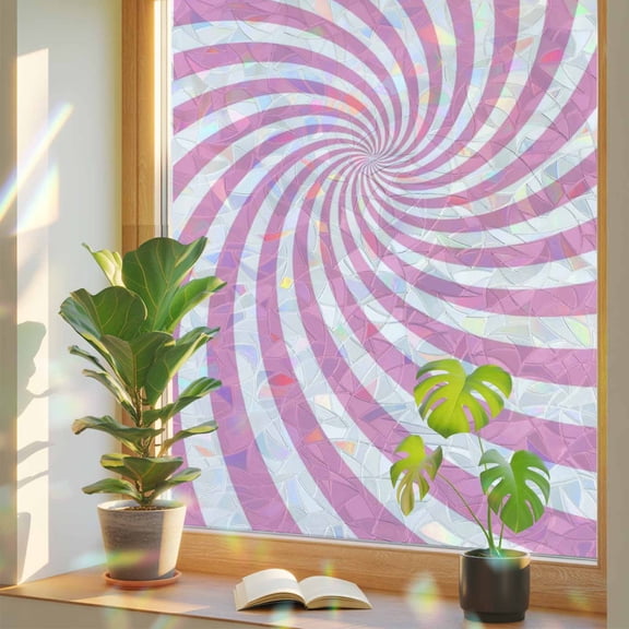 Pink Vortex Window Privacy Film, Abstract Boho White Pink Vortex Spiral Wave Stained Glass Rainbow Film Decorative Window Clings, Static Cling Sun Blocking Stickers 17.7" x 39.3"
