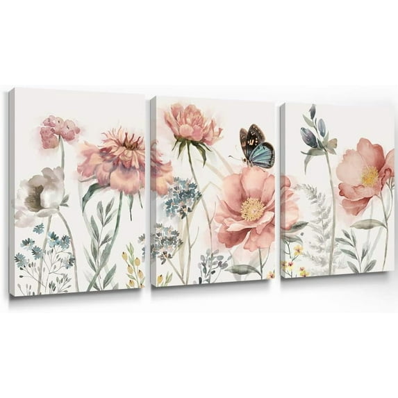Pink Wall Art Floral Peony Decor Butterfly Art Blossom Flower Painting Botanical Canvas Prints Framed Nature Poster Spring Artwork for Bathroom Bedroom Living Room 12×16 Inch, 3 Piece