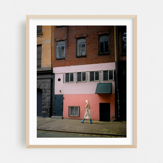 Pink Wall, Blue Boots - Manhattan New York Photography Street Photography Architecture City Fashion Minimalist Vintage Oak Framed Wall Art Print 18 x 24 inches