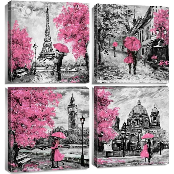 Pink Wall Decor for Girls Room Black and White Paris Canvas Wall Art Bathroom Home Decoration Couple Eiffel Tower London Big Ben Printed Oil Painting Set of 4 Panels Picture Framed Artwork 16x16"