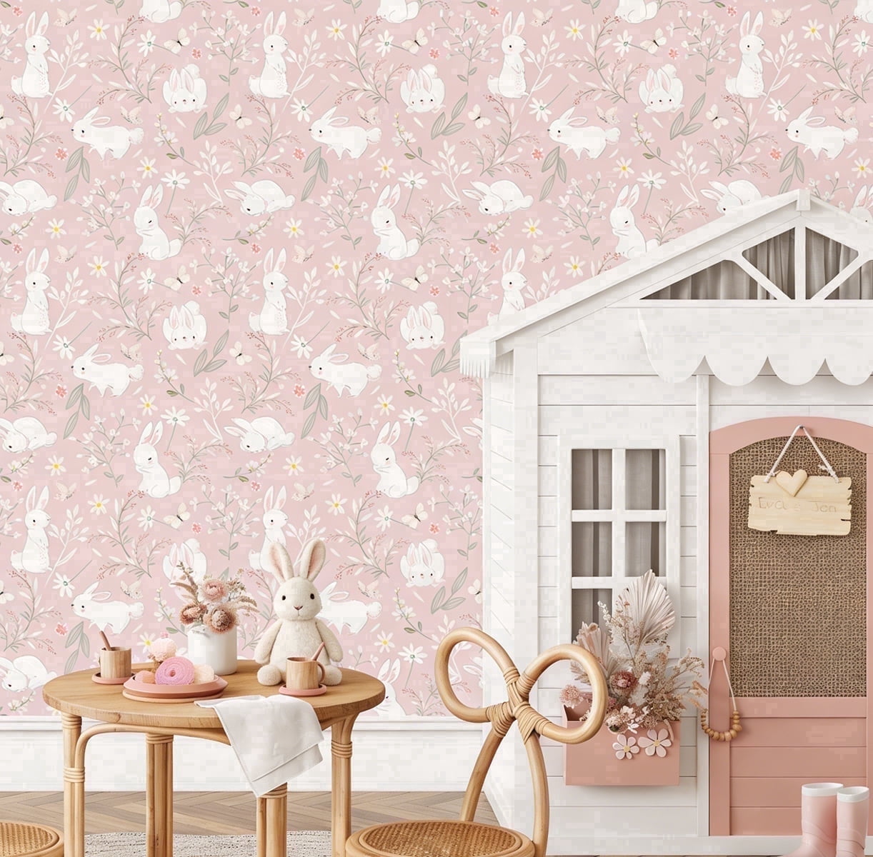 Pink Wallpaper Cute Rabbit Wallpaper Peel and Stick Nature Botanical ...