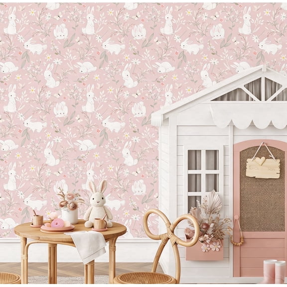 Pink Wallpaper Cute Rabbit Wallpaper Peel and Stick Nature Botanical Wall Decal Plant Leaf Wall Stick for Nursery Bedroom Girls Room 17.3inX9.8 ft