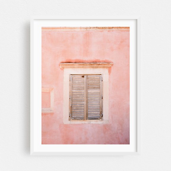 Pink Wall with Wooden Shutters - Croatia Travel Photography - Dubrovnik Dubrovnik-Neretva County Croatia Photography Architecture Pastel Minimalist Vintage White Framed Wall Art Print 5 x 7 inches