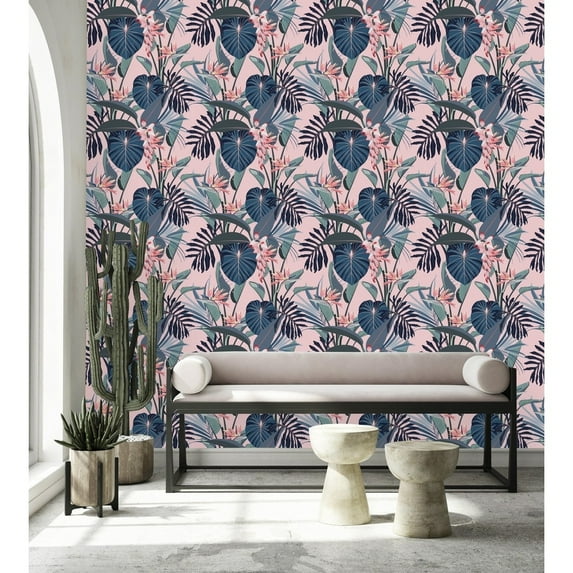 Pink Wallpaper with Exotic Leaves Pre-Pasted - 25"W x 125"H
