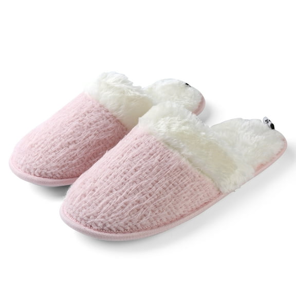 Pink Warm Indoor Slippers for Women – Memory Foam, Fleece Lined, Close-Toe Knit Design, Non-Slip Sole