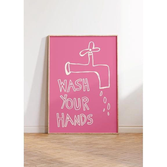 Pink Wash Your Hands Art Bathroom Doodle Decor Hygiene Typography Restroom Sign Unframed Paper Print