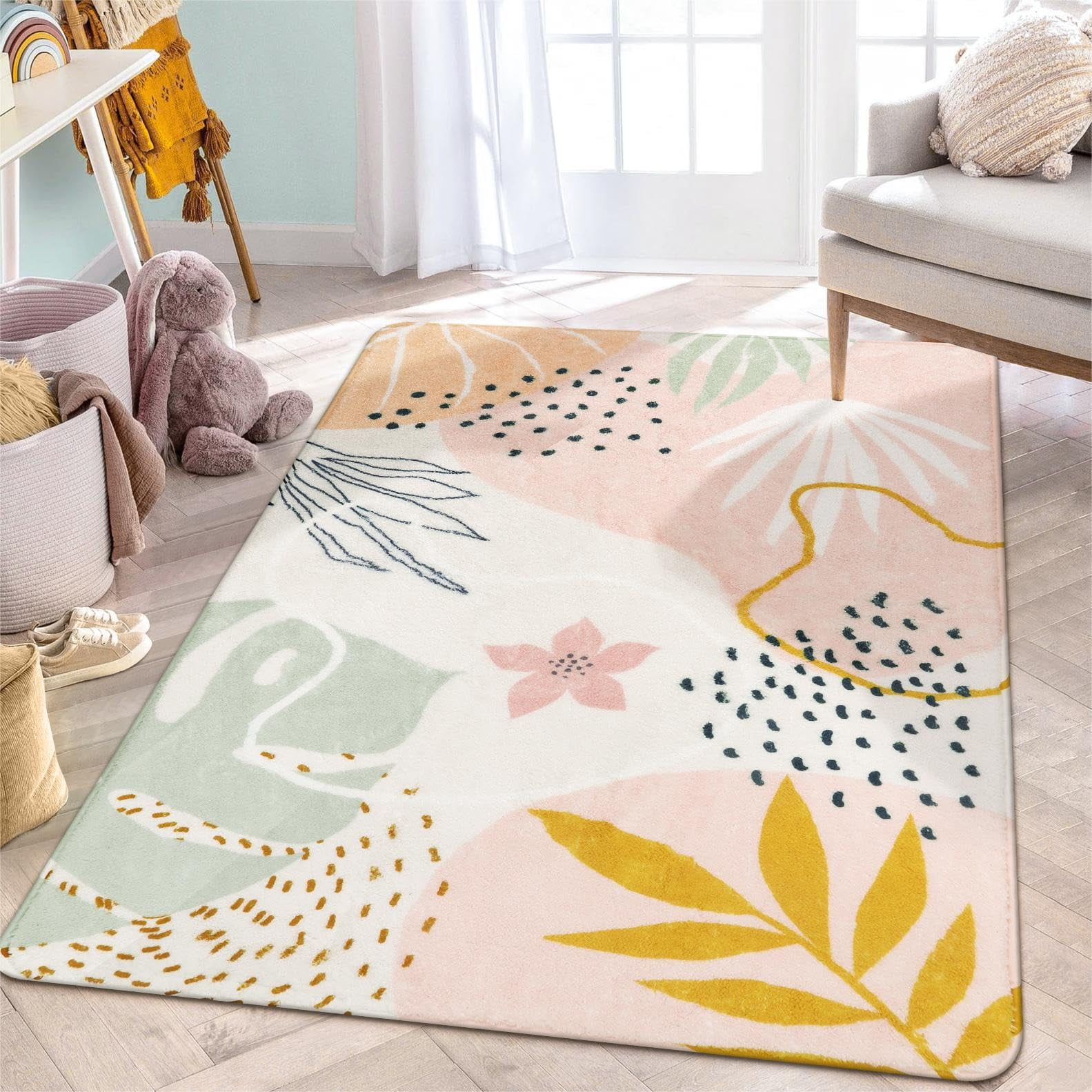 Pink Abstract Washable 5' x 7' Non-Slip Wool Area Rug