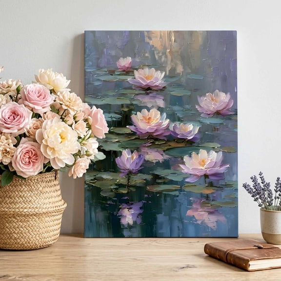 Pink Water Lily Canvas Wall Art, Rustic Impressionist Floating Pads Pond Reflections Framed Canvas Wall Decor Picture Print Artwork Decorations for Living Room Office Ready to Hang 16" x 12"