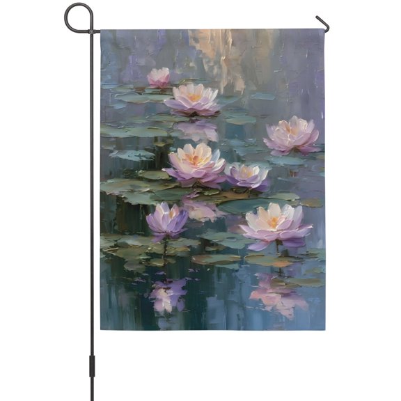Pink Water Lily Garden Flags For Outdoor, Rustic Impressionist Floating Pads Pond Reflections Small Double Side Yard Flags Weather Proof Garden Decor for Lawn Outside Holiday 12 x 18 Inches