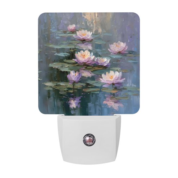 Pink Water Lily Night Lights, Rustic Impressionist Floating Pads Pond Reflections Smart Auto Dusk to Dawn Sensor Nightlights Plug-in Nightlight for Bedroom Bathroom Living Room Kitchen Hallway