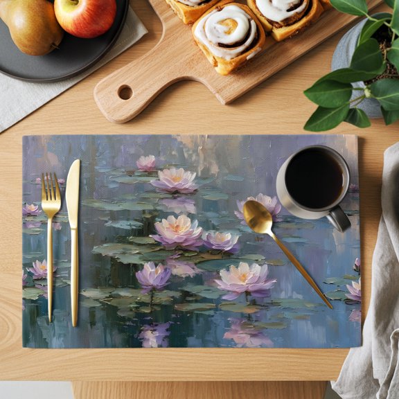 Pink Water Lily Placemats Set of 2, Rustic Impressionist Floating Pads Pond Reflections Non-Slip Place Mats Washable Table Mats for Kitchen Dining Table Decorations Indoor/Outdoor