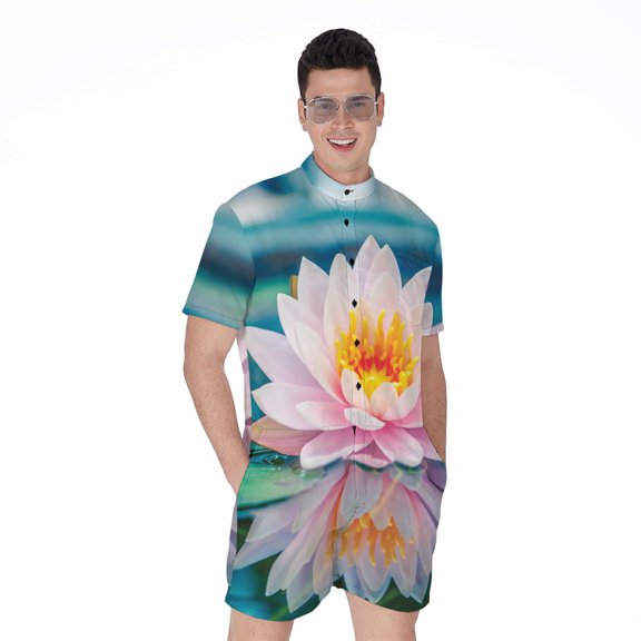 Pink Water Lily Short Sleeve Men'S Rompers Casual Summer Jumpsuits Outfit