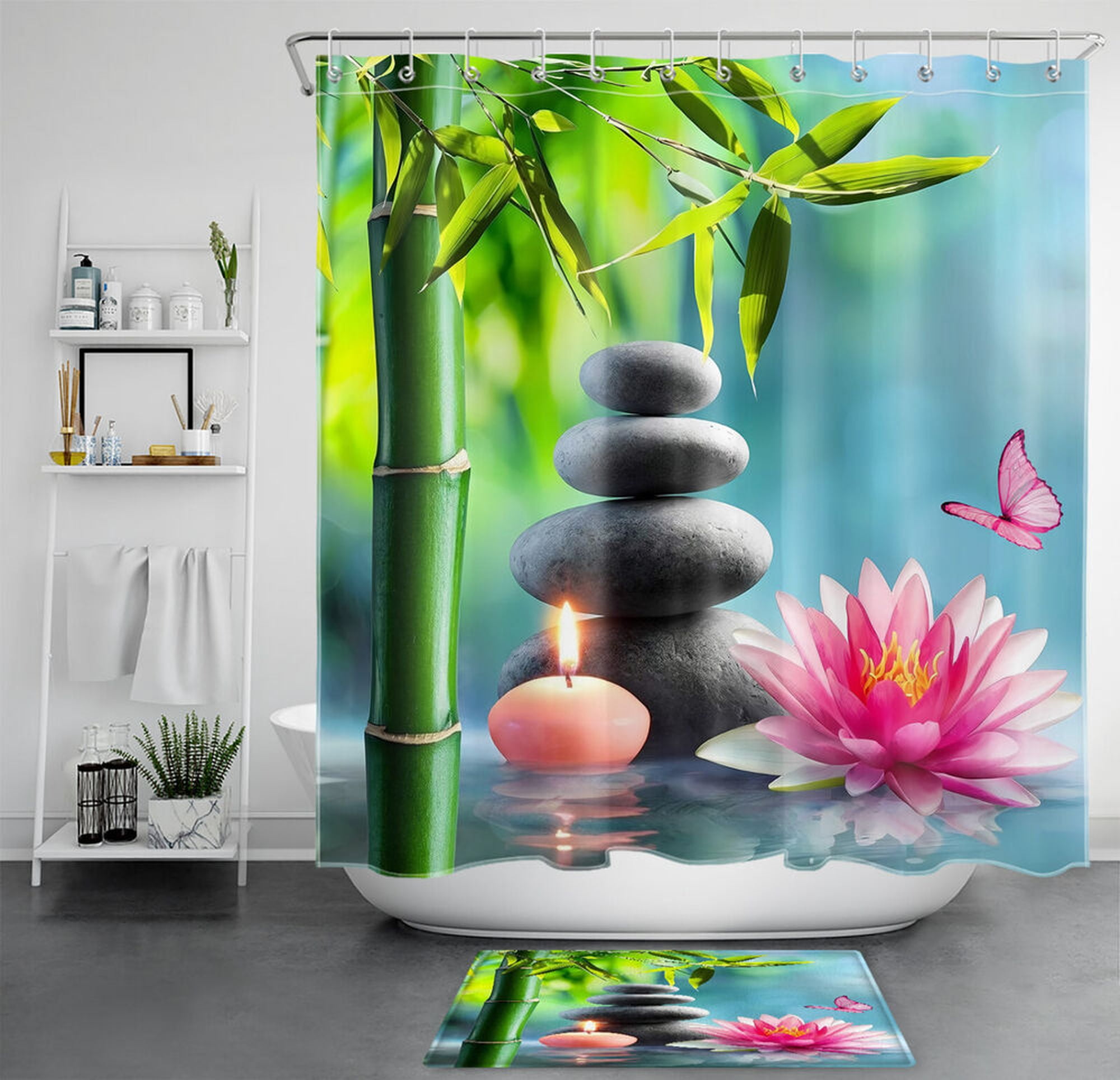 Pink Water Lily Shower Curtain Set Zen Bathroom Decor