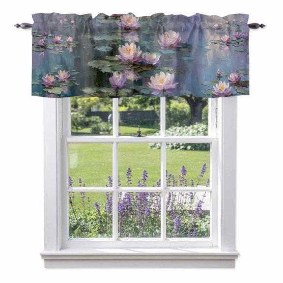 Pink Water Lily Window Valance for Kitchen, Rustic Impressionist Floating Pads Pond Reflections Rod Pocket Short Curtains for Bathroom Bedroom Window, Light Filtering Decorative Valances, 42x18 Inch