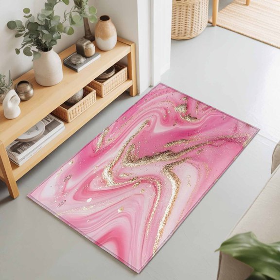 Pink Water Ripple Gold Foil Rectangle Area Rug 2x3ft,Living Room Rug Non-Slip Washable Circle Rugs Pad,Abstract Wave Minimalist Style Soft Floor Carpet for Bedroom Dining Room