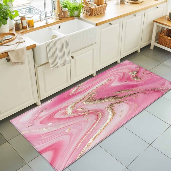 Pink Water Ripple Gold Foil Rectangle Area Rug 2x6ft,Living Room Rug Non-Slip Washable Circle Rugs Pad,Abstract Wave Minimalist Style Soft Floor Carpet for Bedroom Dining Room