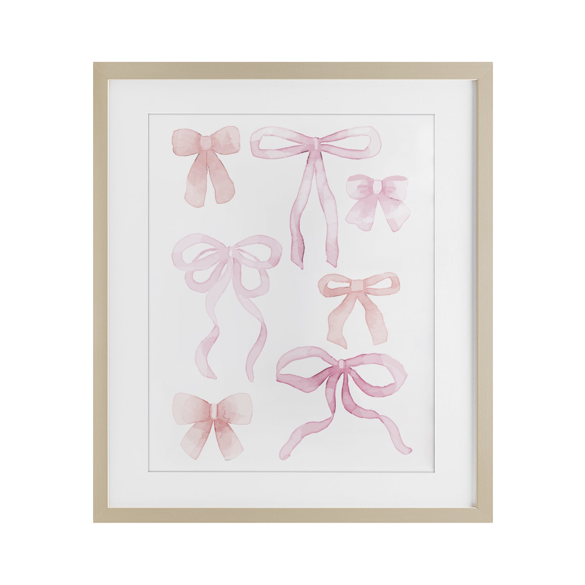 Pink Watercolor Bows Birch Framed Print Under Glass, design by Kim Allen