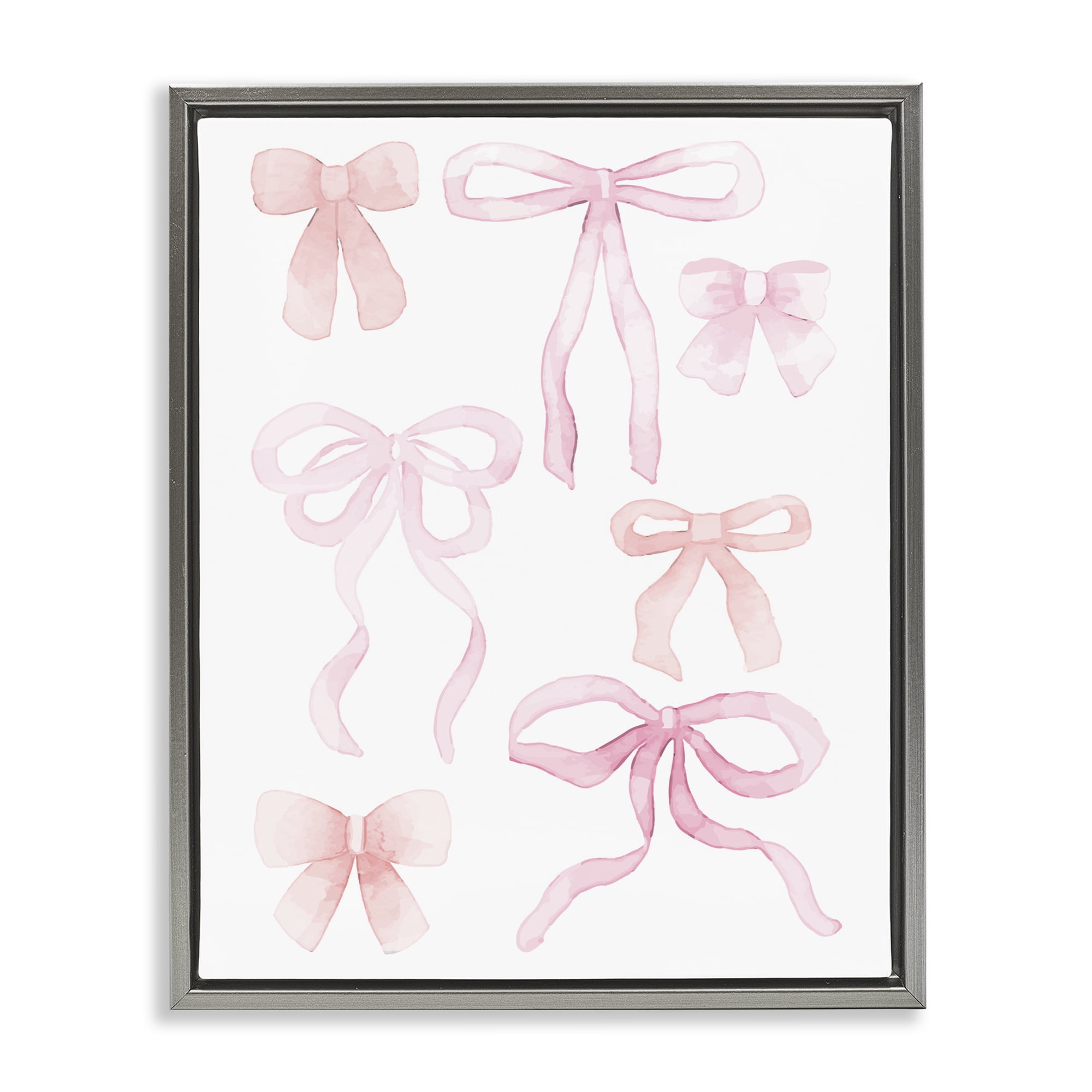 Pink Watercolor Bows Gray Framed Floater Canvas Wall Art, design by Kim Allen