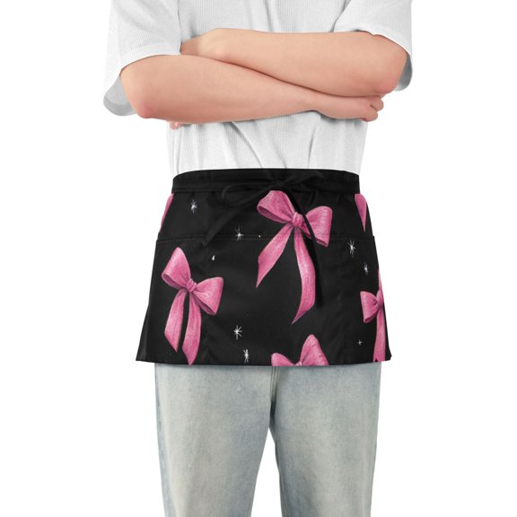 Pink Watercolor Bows Stars Black Background Short Server Apron with 3 Pockets for Unisex Chef Gardening