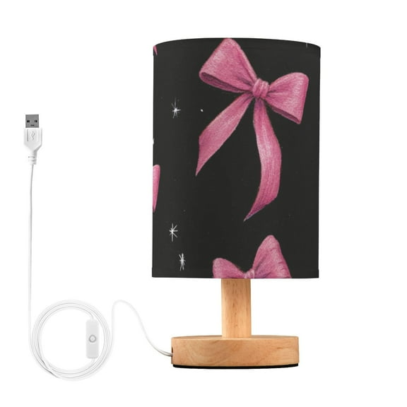 Pink Watercolor Bows Stars Black Background Table Lamp with USB Port LED Warm Light Lamp Night Light Home Decor