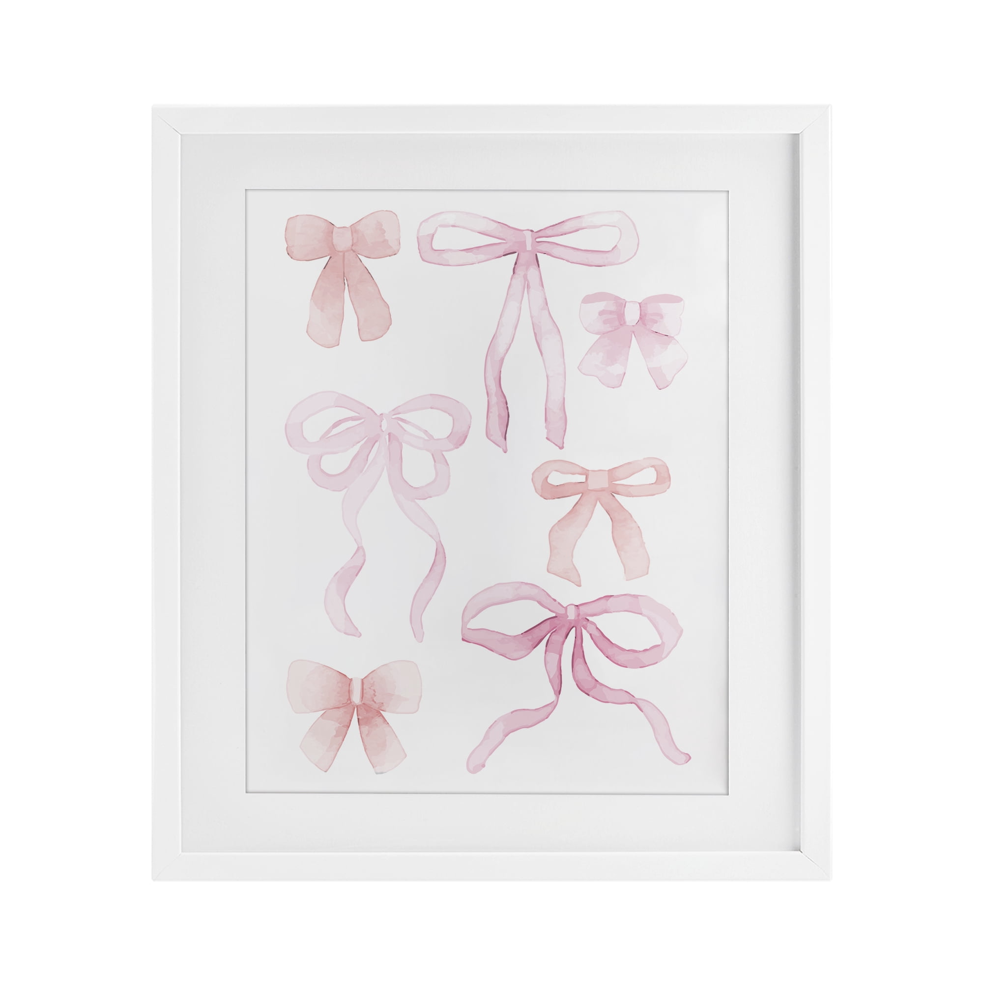 Pink Watercolor Bows White Framed Print Under Glass, design by Kim Allen