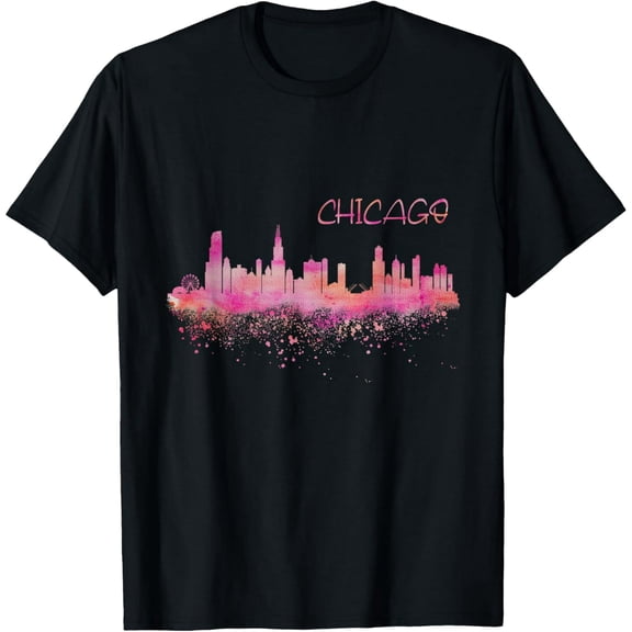 Pink Watercolor Chicago Skyline Men Women Graphic Short Sleeve Casual Tee Shirt