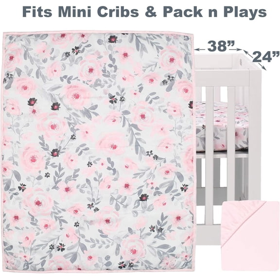 Pink Watercolor Floral 3-Piece Mini Crib Bedding Set for Baby Nursery with Soft Microfiber Quilt and Sheets