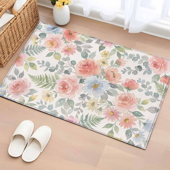 Pink Watercolor Floral Entryway Rug 2'x3' Non Slip Front Door Mats, Spring Botanical Leave Flowers Entrance Rugs Indoor Outdoor Carpet, Washable Floor Mats Small Area Rug for Bedroom Kitchen