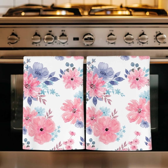 Pink Watercolor Floral Kitchen Towels Set of 4, Spring Flower Abstract Art Absorbent Dish Towels for Kitchen, Microfiber Hand Towel, Quick Drying Tea Towel for Cleaning Decorative Dishcloths