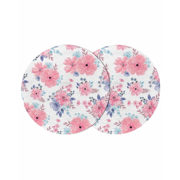 Pink Watercolor Floral Round 13 Inch Placemats Set of 2, Spring Flower Abstract Art HeatResistant Non Slip Place Mats for Dining Table, Wipeable Braided Kitchen Table Mats for Housewarming