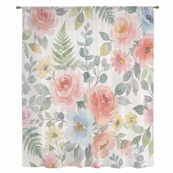Pink Watercolor Floral Sheer Curtains 108" Extra Long, Spring Botanical Leave Flowers Light Filering Curtains, Privacy Drapes Simi Floor to Veiling Curtain for Living Room Large Window Treatment