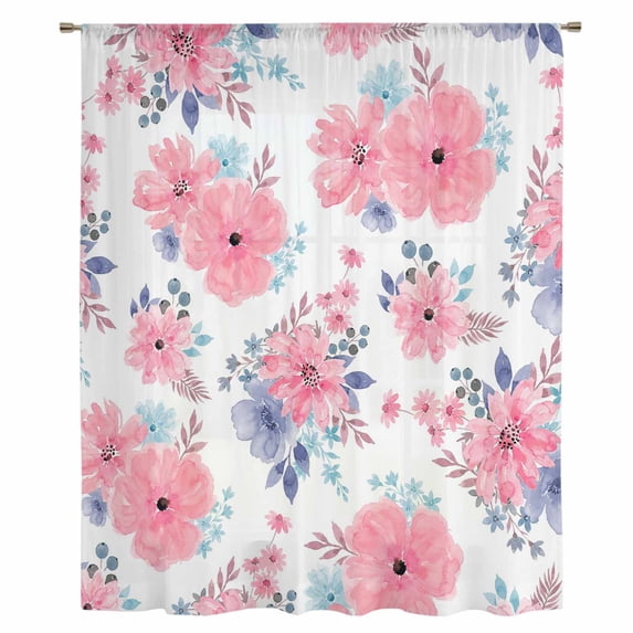 Pink Watercolor Floral Sheer Curtains 54 Inches Long, Spring Flower Abstract Art Light Filering Curtains, Breathable Simi Curtain Privacy Drapes for Kitchen Bathroom Small Window Treatment