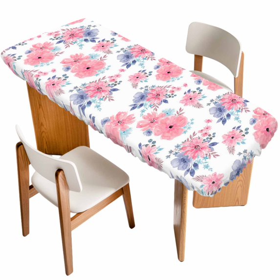 Pink Watercolor Floral Table Cloths for 8 Foot Rectangle Tables, Spring Flower Abstract Art Patio Waterproof Elastic Fitted Tablecloths, Washable Rectangular Table Cover for Camping