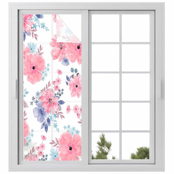 Pink Watercolor Floral Window Privacy Film, Spring Flower Abstract Art Static Cling UV Sun Blocking Heat Control Window Tint Day and Night, Non-Adhesive One Way Windows Privacy Cover 29.5''x78.7''