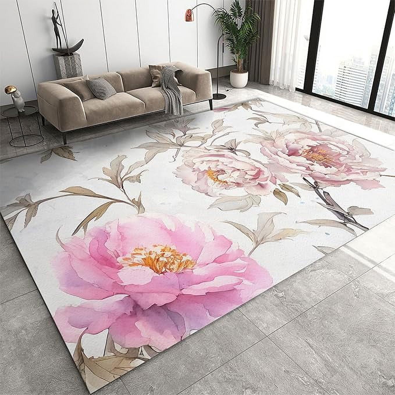 Pink Watercolor Flowers Area Rug For Living Room, Retro Art Luxury ...