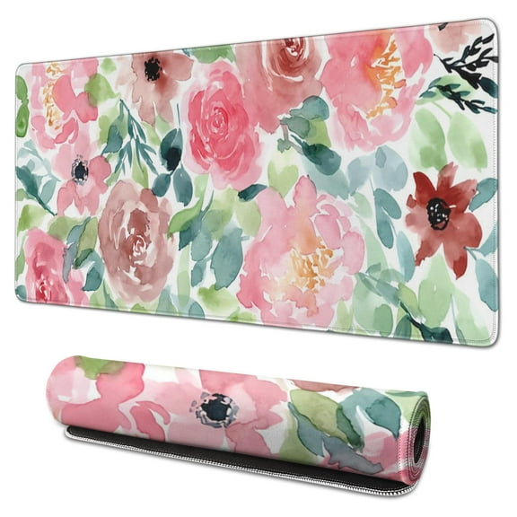Pink Watercolor Flowers Mouse Pads Pad Mouse Waterproof Non Slip for Office Home Work Gaming Gift Tables Mouse Pad Rubber Base Mousepad with Stitched Edges 35.4x15.7inches