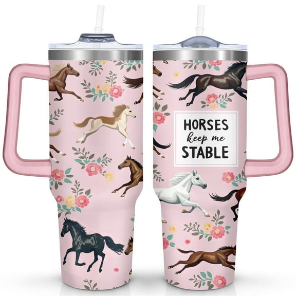 Pink Watercolor Horse 40 Oz Tumbler with Handle Lid and Straw, Stainless Steel Double Walled Vacuum Insulated Cup, Cute Anniversary Wedding Birthday Gifts Tumbler for Women Men Friends Outdoor Indoor