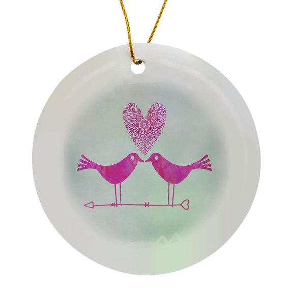 3drose, Pink Watercolor Love Birds on Grey, Circle Porcelain Ornament