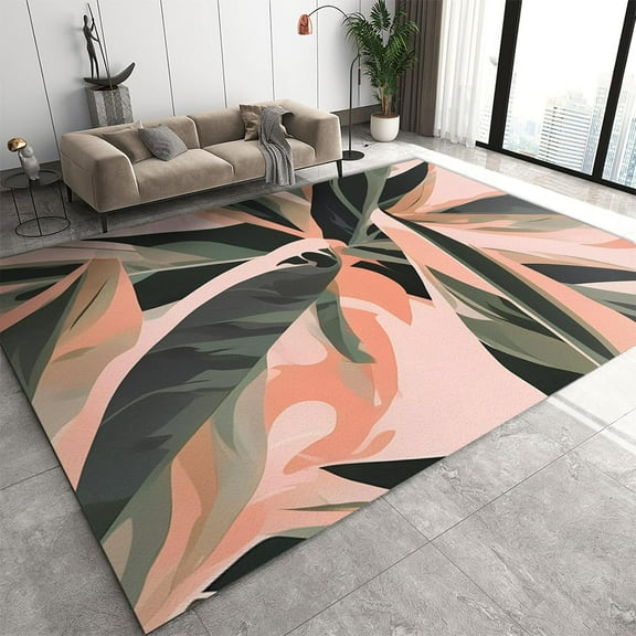 Pink Watercolor Plants Area Rugs, Watercolor Tropical Banana Leaves Large Floor Carpet, with Non-Slip Rubber Backing Indoor Rugs for Living Room Bedroom Dining Room Office 2' x 3'
