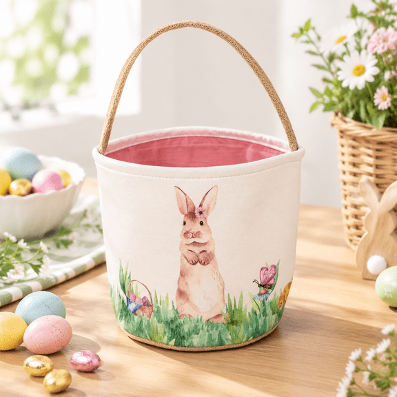 Pink Watercolor Rabbit Print Burlap Easter Basket, Large 9x9 Inch