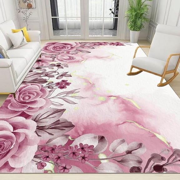 Pink Watercolor Rose Flower Area Rug, Retro Gradient Marble Texture Carpet For Girls Room, Machine Washable Durable With Non-Slip Rugs For Living Room Bedroom Tea Table Sofa 2 x 3ft