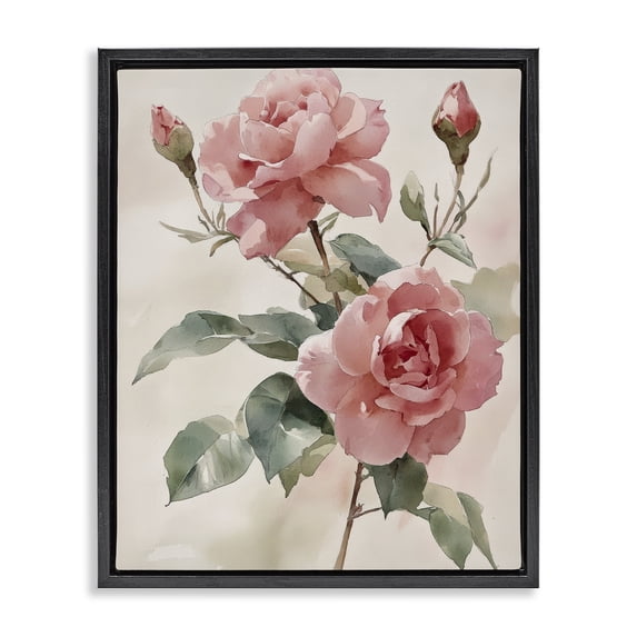 Stupell Industries Pink Watercolor Roses and Buds Black Framed Floater Canvas Wall Art, design by Petal Prints Design