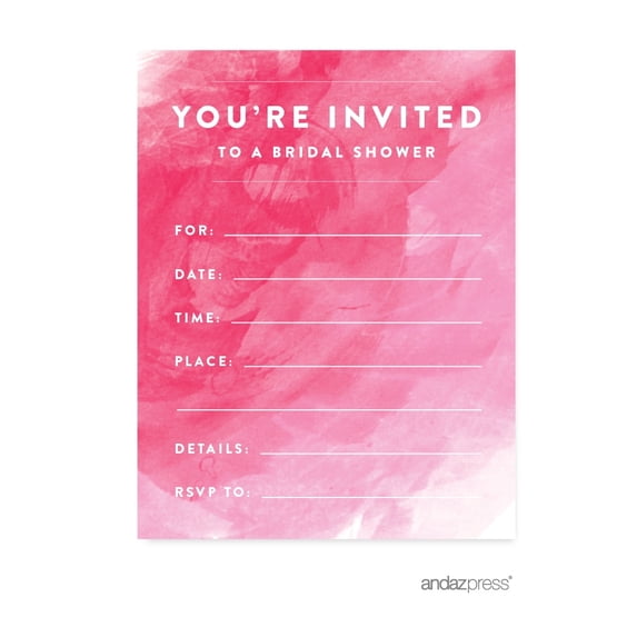 Koyal Wholesale Pink Watercolor Bridal Shower Paper Invitations, Blank Cards with Envelopes, 20-Pack